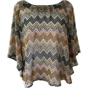 Tinley top sheer boho overlay zig zag print dolman poncho flowy sleeves xs-med